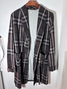 Burberry Body Sz S Unisex Short Robe Black Gray Plaid 100% Cotton Lined